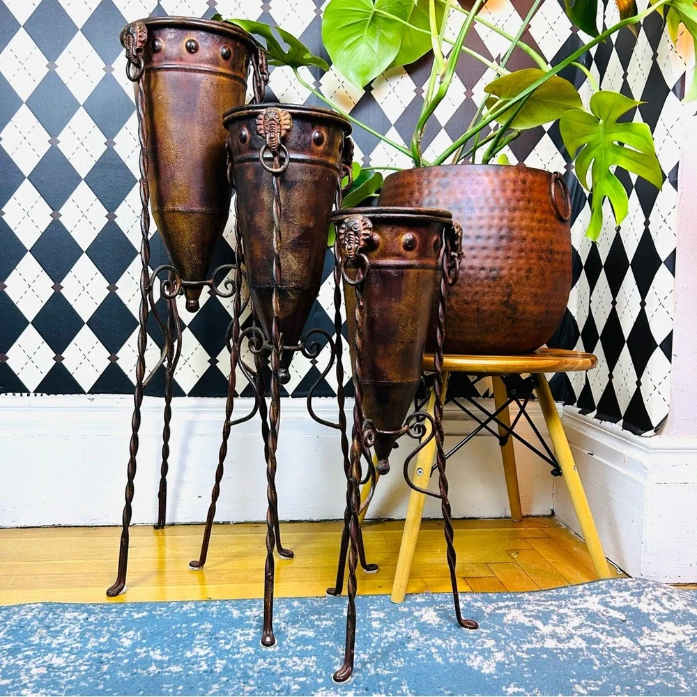 Primitive-Modern Sculptural Floor Vessels Totemic Metal Forms on Forged Stands‎ - Picture 16 of 17